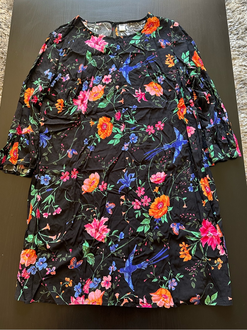 Old Navy Black Mini Dress with Bright Floral & Blue Bird Motif